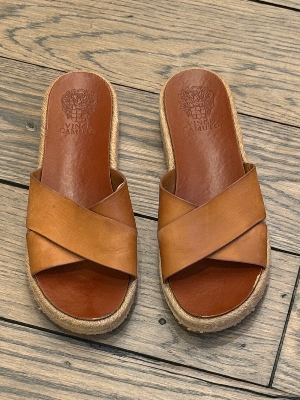 Vince Camuto Cognac Leather Crisscross Espadrille Slide Sandals
